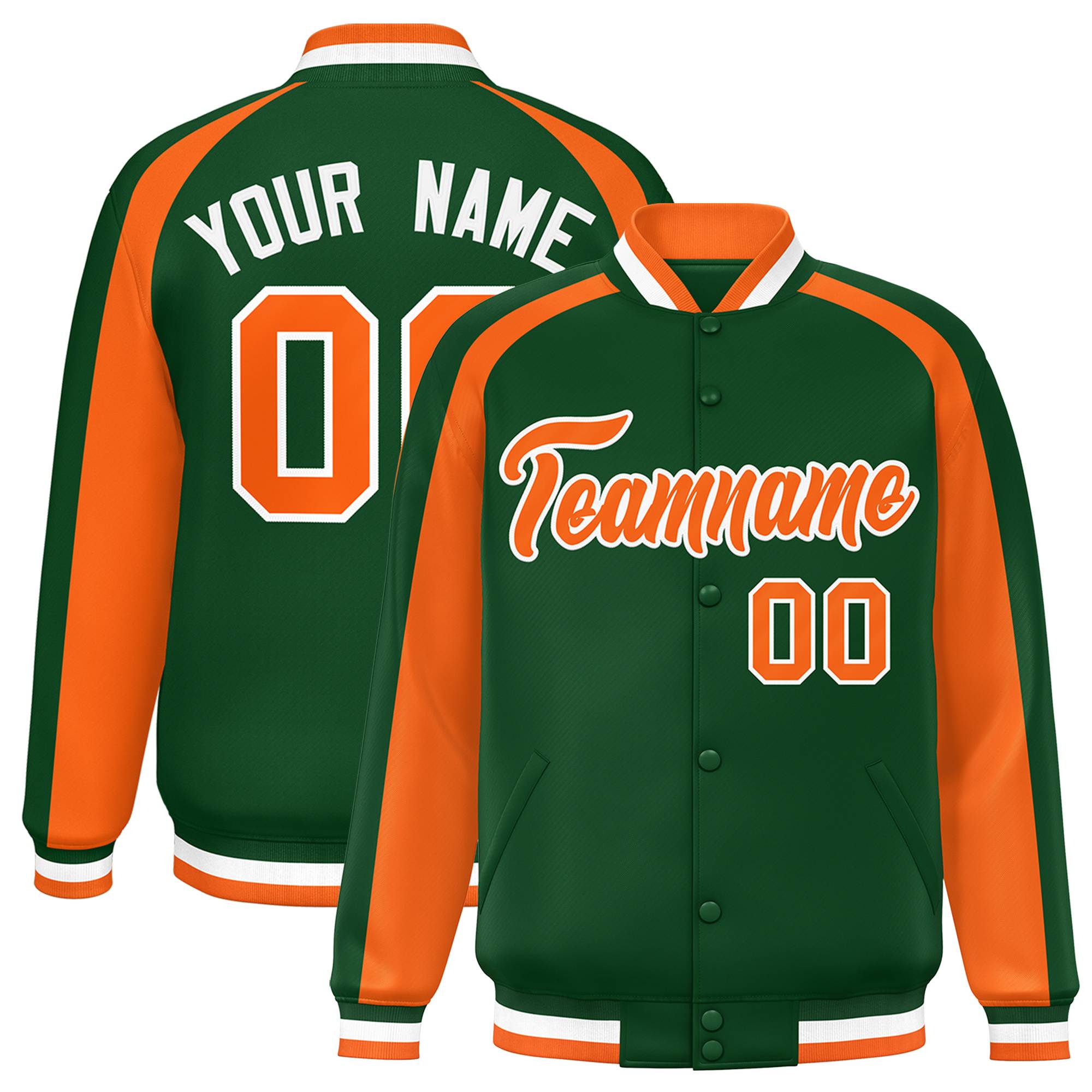 Custom Green Orange Varsity Full-Snap Color Block Personalized Raglan Sleeves Letterman Jacket