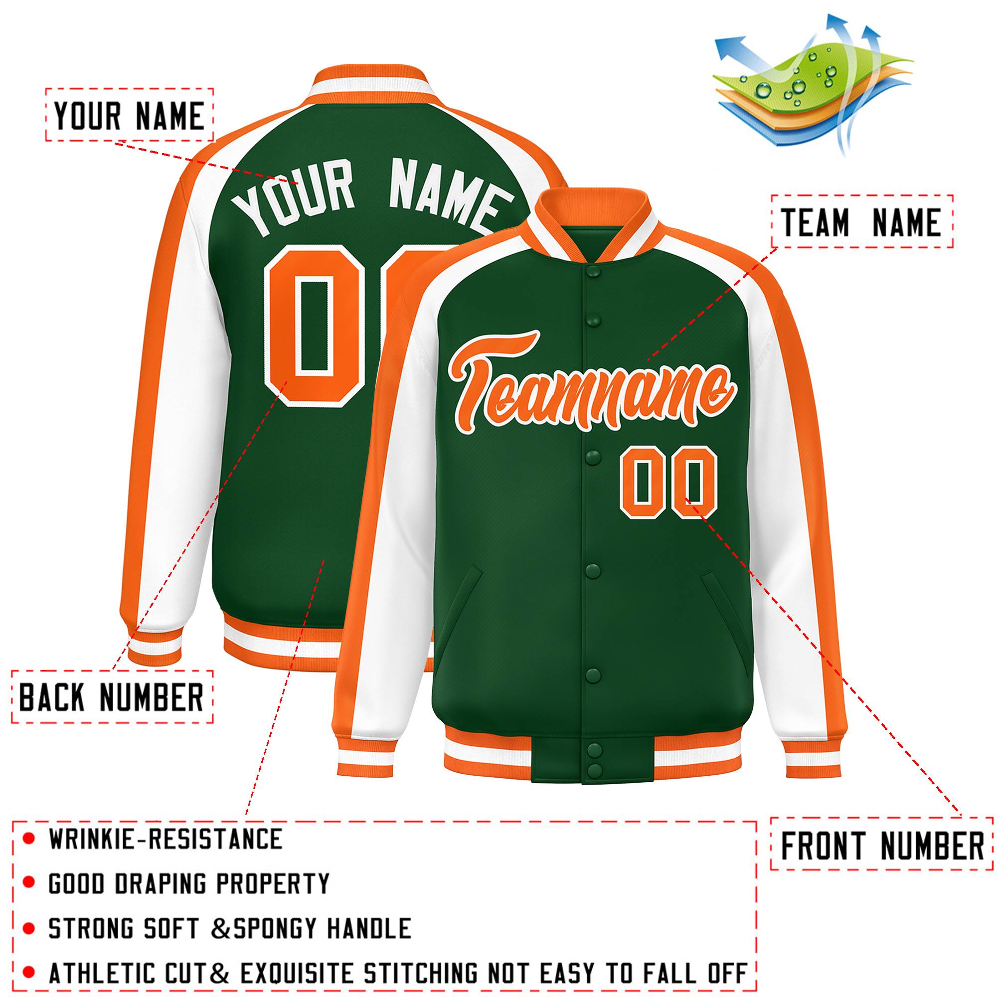 Custom Green White Varsity Full-Snap Color Block Personalized Raglan Sleeves Letterman Jacket