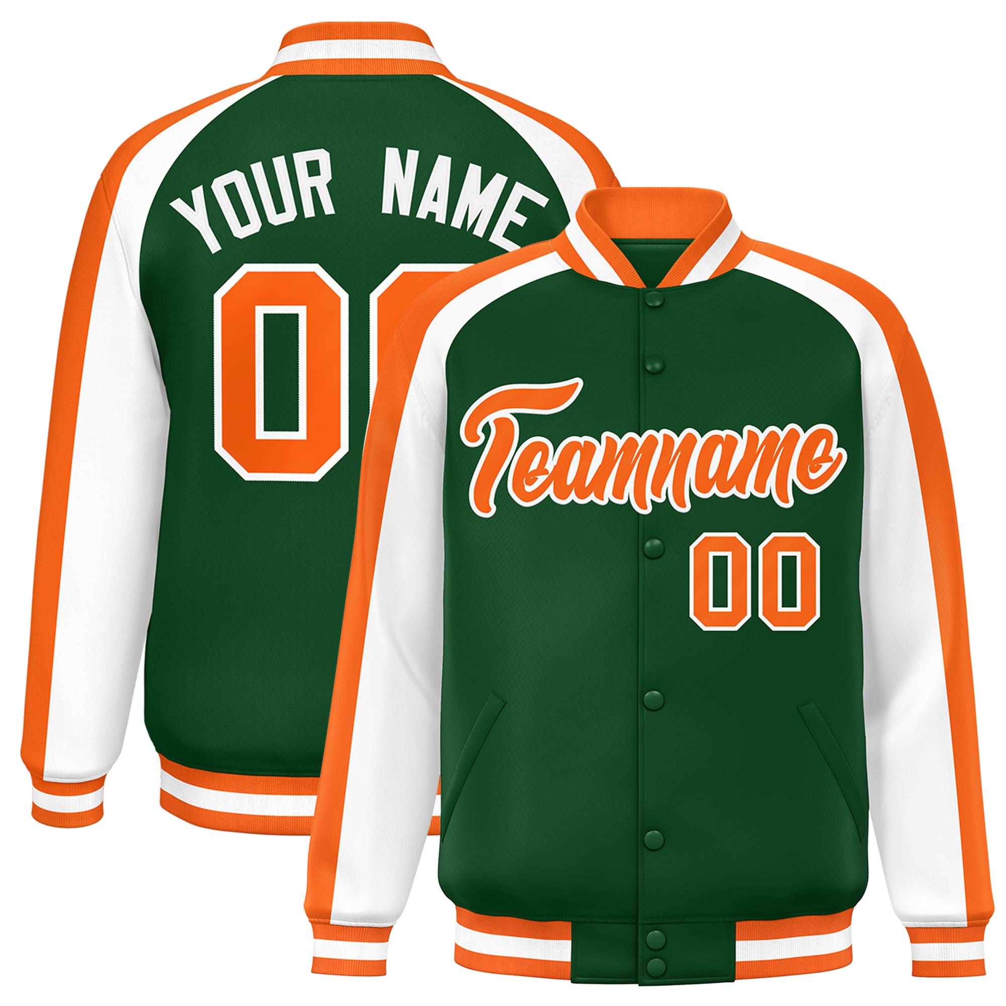 Custom Green White Varsity Full-Snap Color Block Personalized Raglan Sleeves Letterman Jacket