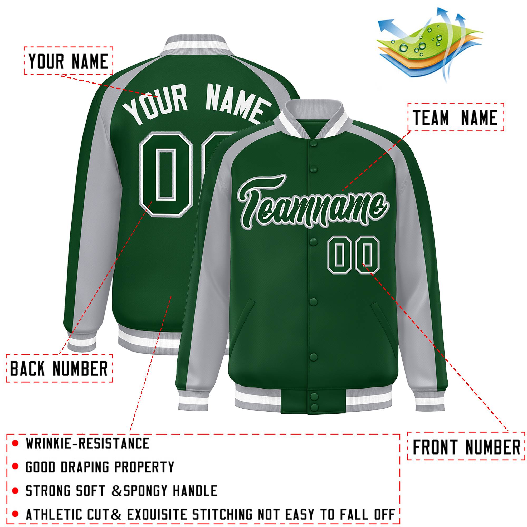 Custom Green Gray Varsity Full-Snap Color Block Personalized Raglan Sleeves Letterman Jacket