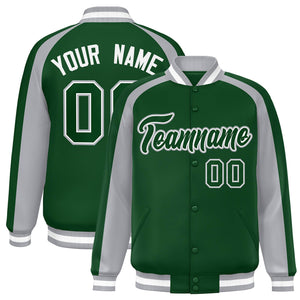 Custom Green Gray Varsity Full-Snap Color Block Personalized Raglan Sleeves Letterman Jacket