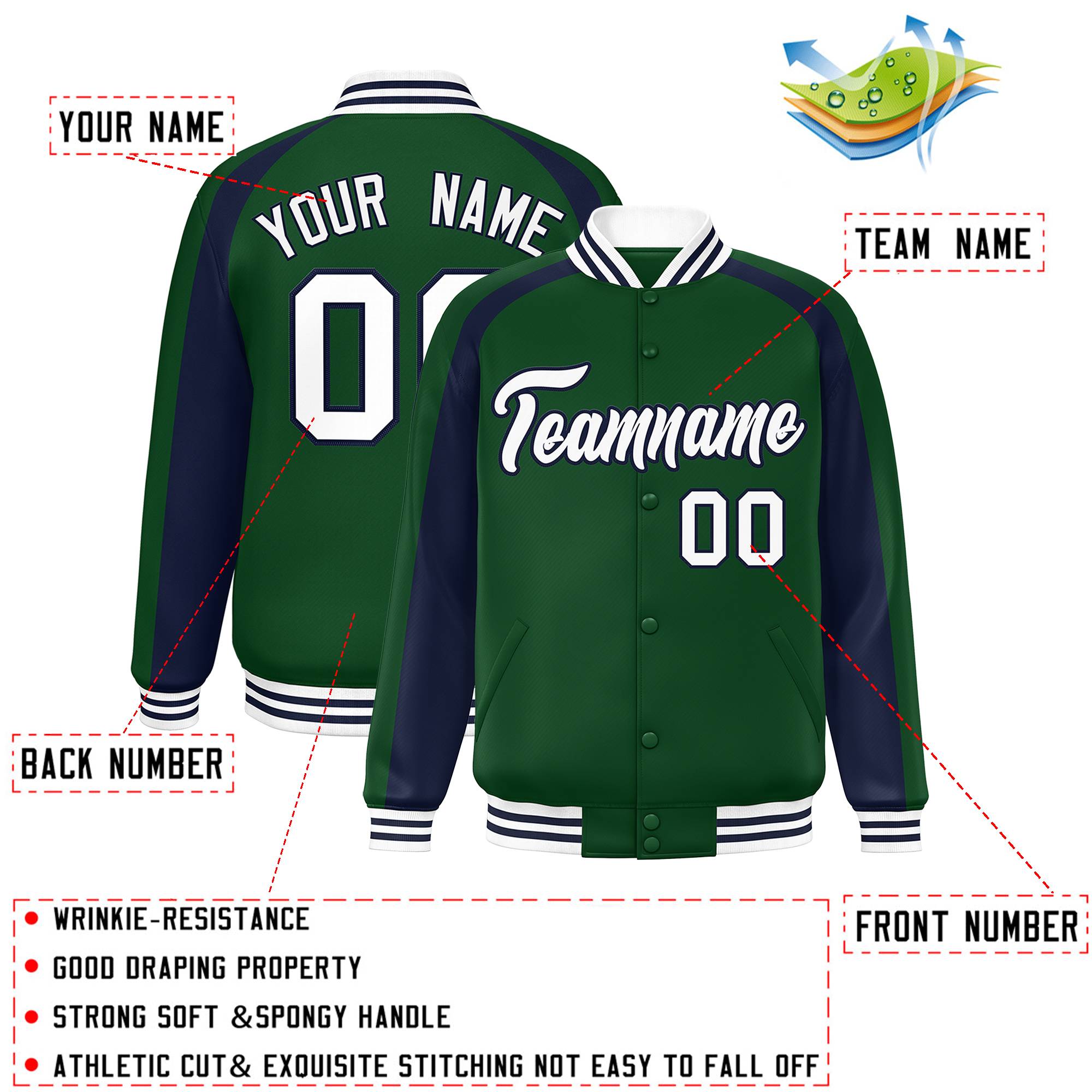 Custom Green Navy Varsity Full-Snap Color Block Personalized Raglan Sleeves Letterman Jacket