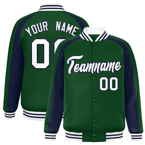 Custom Green Navy Varsity Full-Snap Color Block Personalized Raglan Sleeves Letterman Jacket