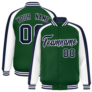 Custom Green White Varsity Full-Snap Color Block Personalized Raglan Sleeves Letterman Jacket