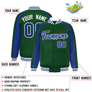 Custom Green Royal Varsity Full-Snap Color Block Personalized Raglan Sleeves Letterman Jacket