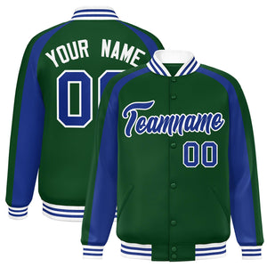 Custom Green Royal Varsity Full-Snap Color Block Personalized Raglan Sleeves Letterman Jacket