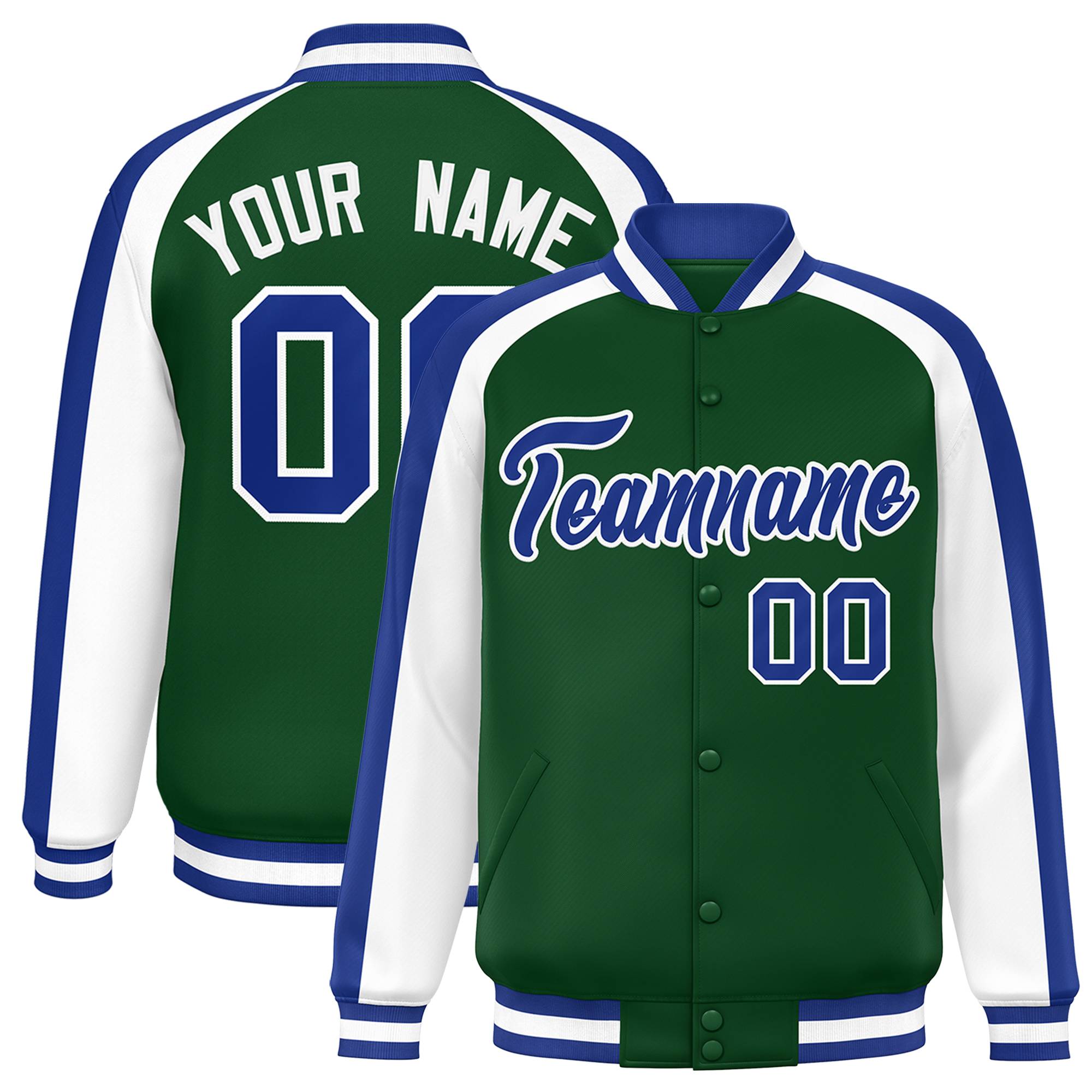 Custom Green White Varsity Full-Snap Color Block Personalized Raglan Sleeves Letterman Jacket