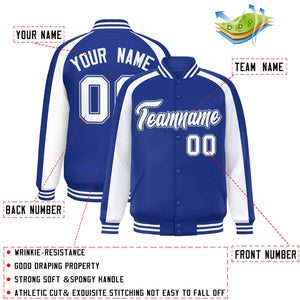 Custom Royal White Varsity Full-Snap Color Block Personalized Raglan Sleeves Letterman Jacket