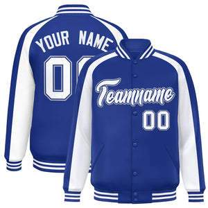 Custom Royal White Varsity Full-Snap Color Block Personalized Raglan Sleeves Letterman Jacket