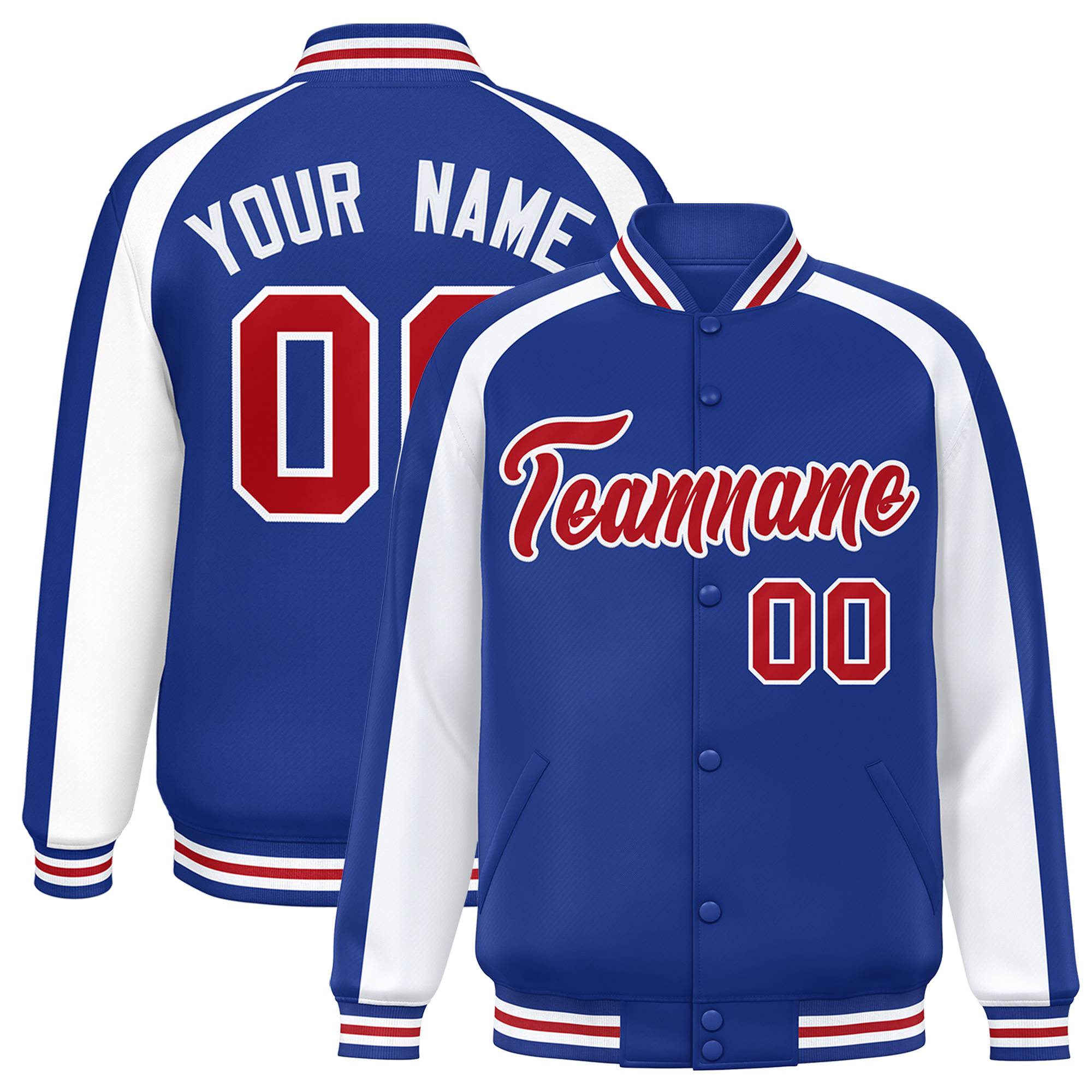 Custom Royal White Varsity Full-Snap Color Block Personalized Raglan Sleeves Letterman Jacket