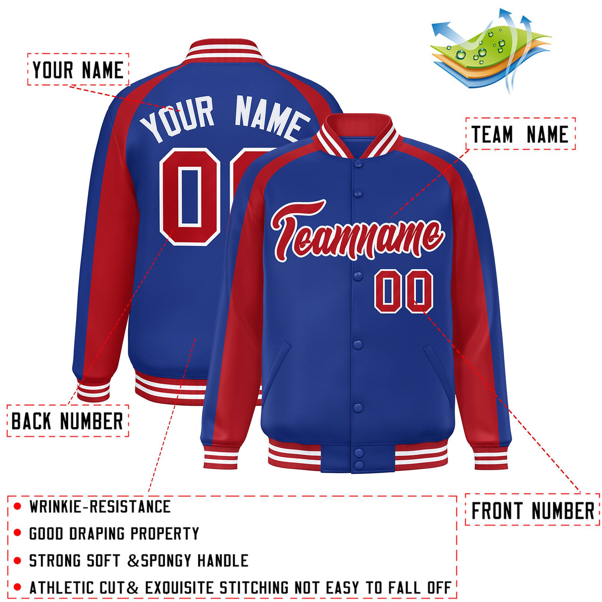 Custom Royal Red Varsity Full-Snap Color Block Personalized Raglan Sleeves Letterman Jacket