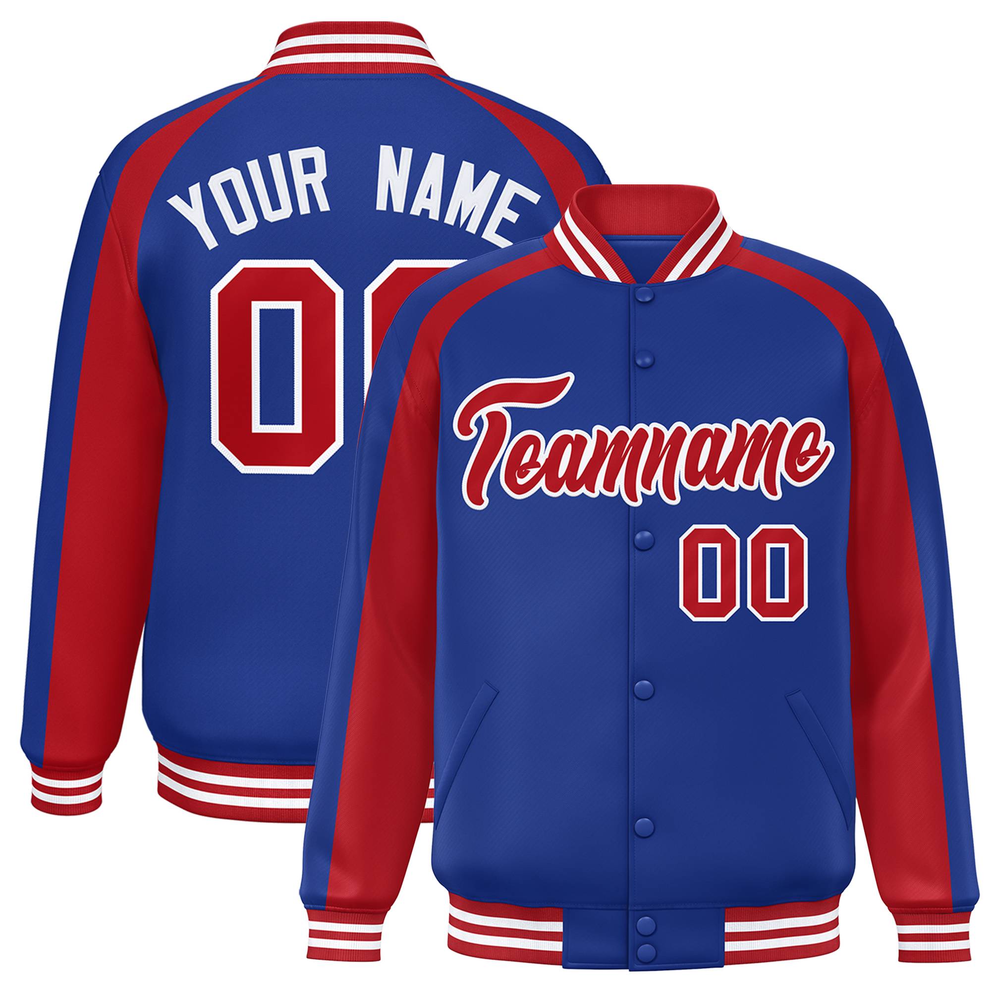 Custom Royal Red Varsity Full-Snap Color Block Personalized Raglan Sleeves Letterman Jacket