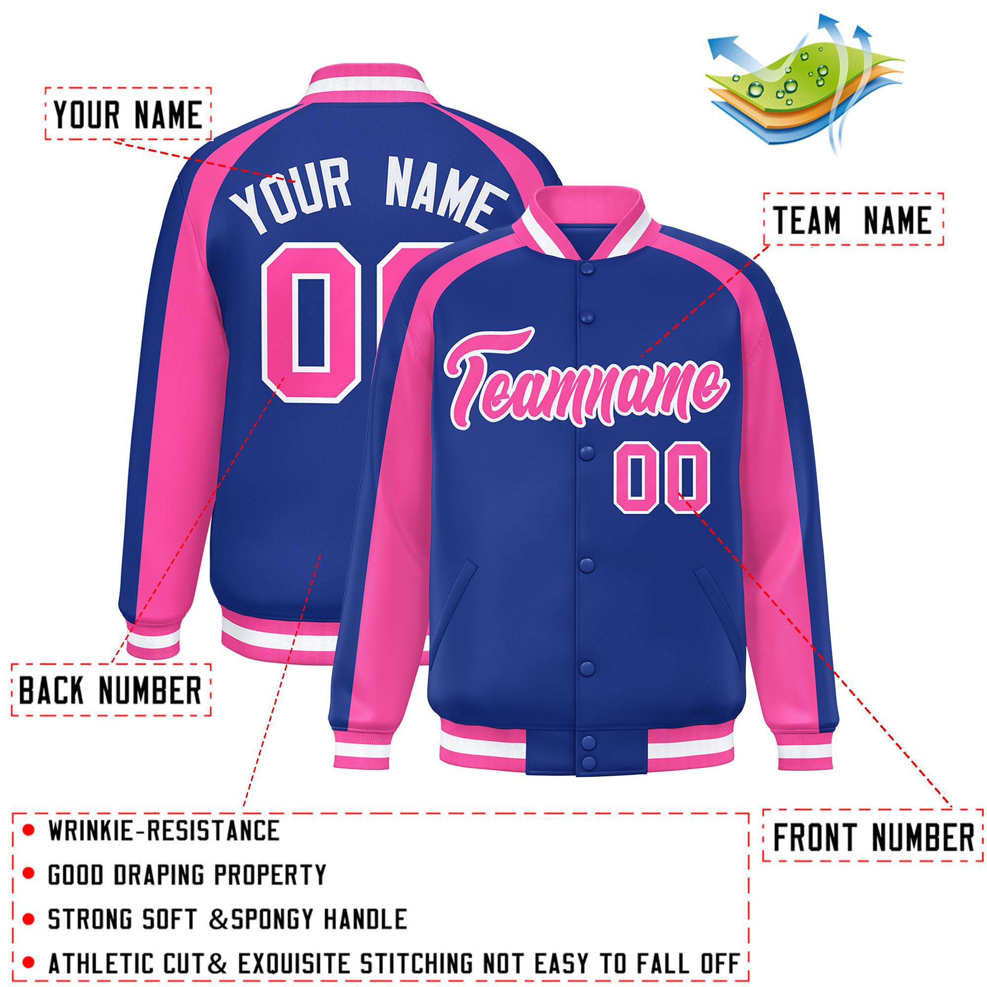 Custom Royal Pink Varsity Full-Snap Color Block Personalized Raglan Sleeves Letterman Jacket