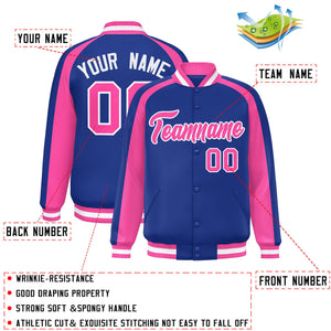 Custom Royal Pink Varsity Full-Snap Color Block Personalized Raglan Sleeves Letterman Jacket