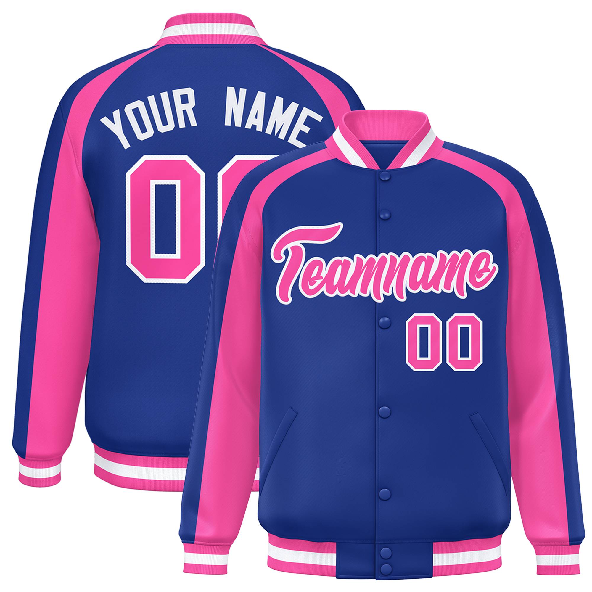 Custom Royal Pink Varsity Full-Snap Color Block Personalized Raglan Sleeves Letterman Jacket