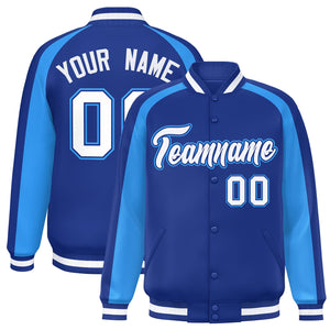 Custom Royal Powder Blue Varsity Full-Snap Color Block Personalized Raglan Sleeves Letterman Jacket