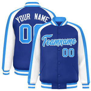 Custom Royal White Varsity Full-Snap Color Block Personalized Raglan Sleeves Letterman Jacket