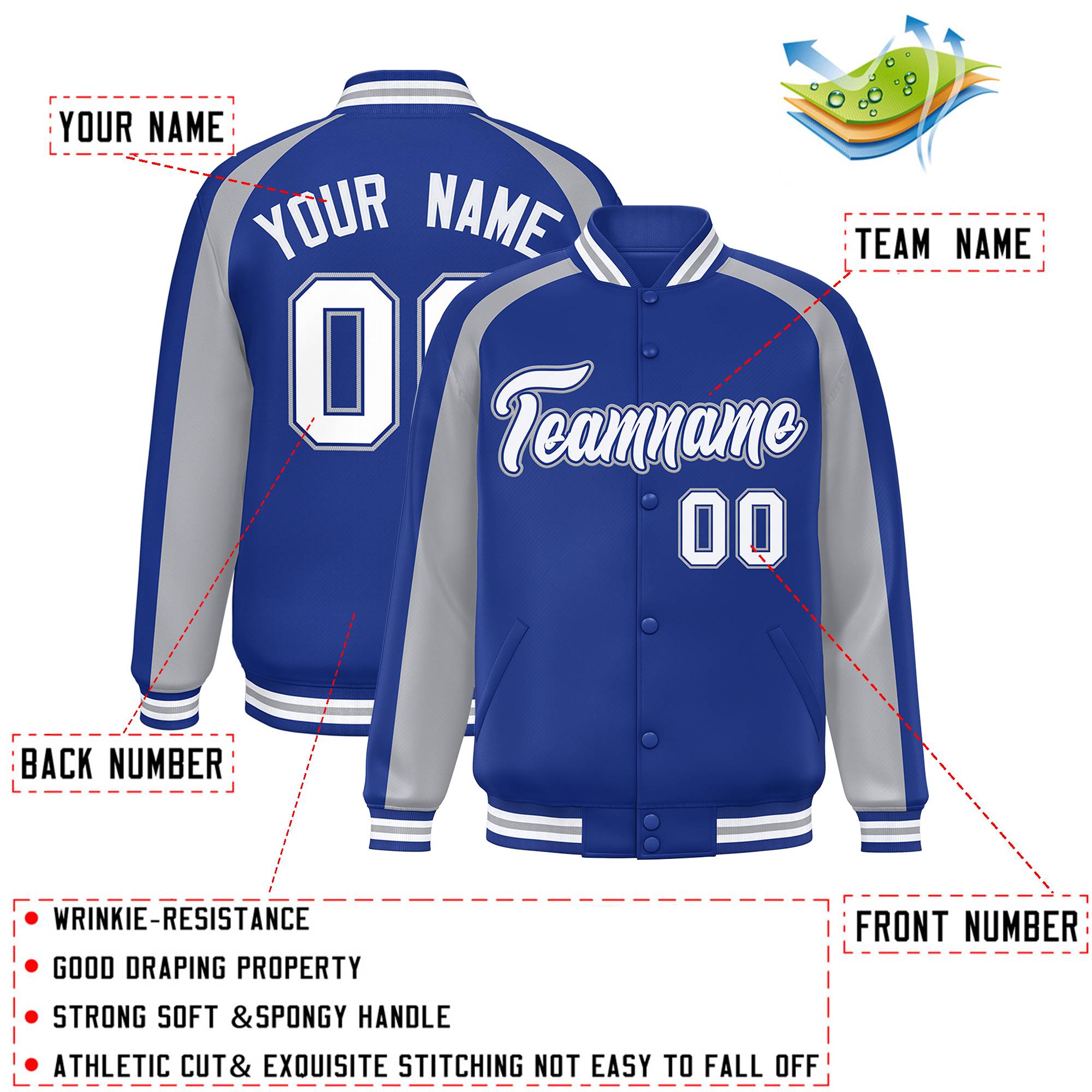 Custom Royal Gray Varsity Full-Snap Color Block Personalized Raglan Sleeves Letterman Jacket