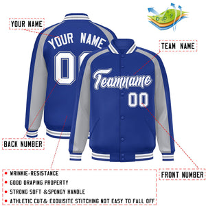 Custom Royal Gray Varsity Full-Snap Color Block Personalized Raglan Sleeves Letterman Jacket