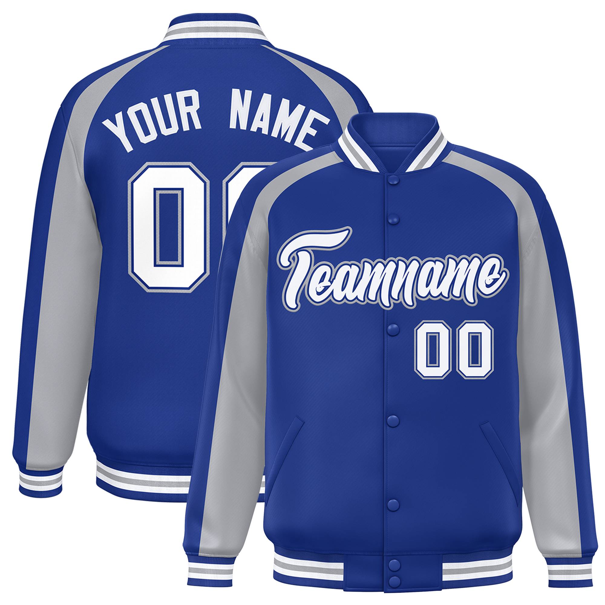 Custom Royal Gray Varsity Full-Snap Color Block Personalized Raglan Sleeves Letterman Jacket