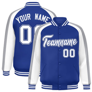 Custom Royal White Varsity Full-Snap Color Block Personalized Raglan Sleeves Letterman Jacket