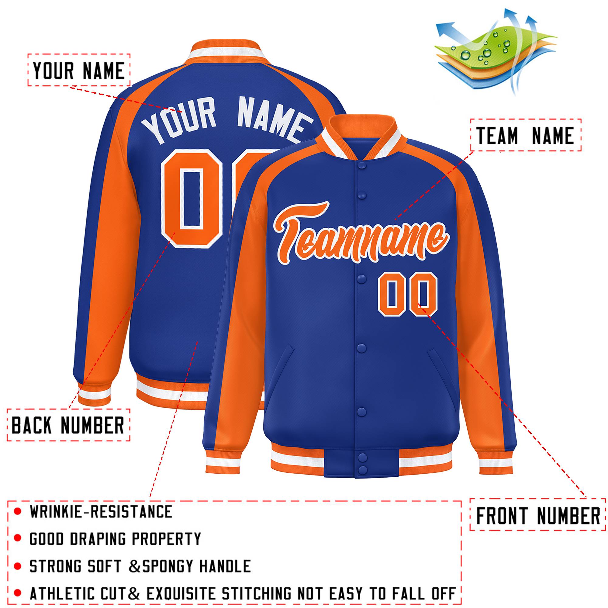 Custom Royal Orange Varsity Full-Snap Color Block Personalized Raglan Sleeves Letterman Jacket