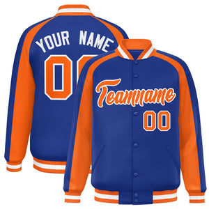 Custom Royal Orange Varsity Full-Snap Color Block Personalized Raglan Sleeves Letterman Jacket