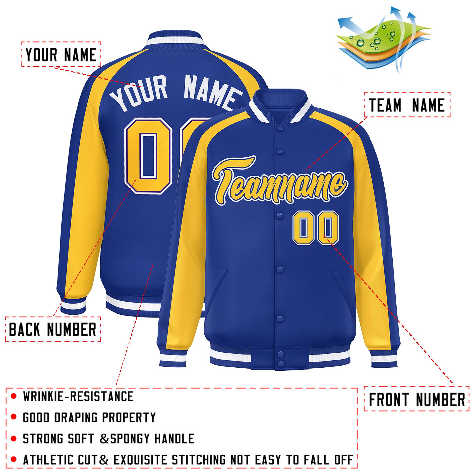 Custom Royal Gold Varsity Full-Snap Color Block Personalized Raglan Sleeves Letterman Jacket