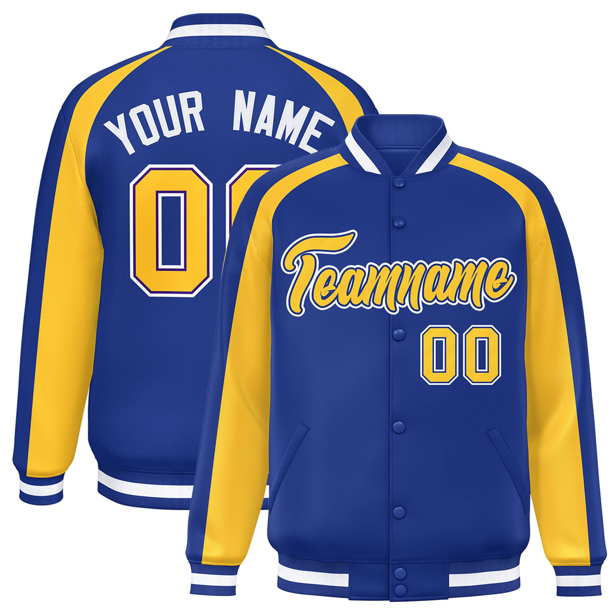 Custom Royal Gold Varsity Full-Snap Color Block Personalized Raglan Sleeves Letterman Jacket