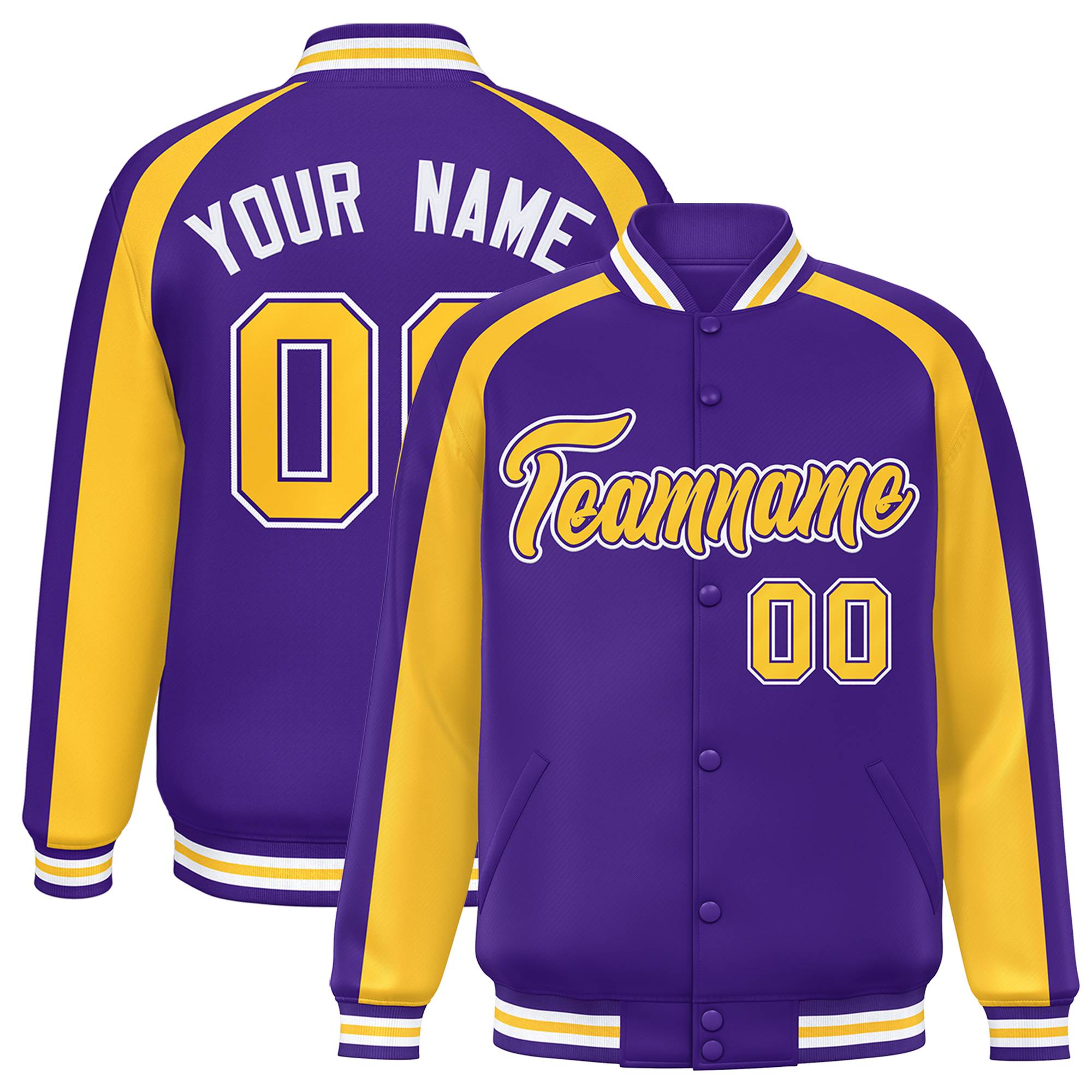 Custom Purple Gold Varsity Full-Snap Color Block Personalized Raglan Sleeves Letterman Jacket