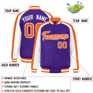 Custom Purple White Varsity Full-Snap Color Block Personalized Raglan Sleeves Letterman Jacket