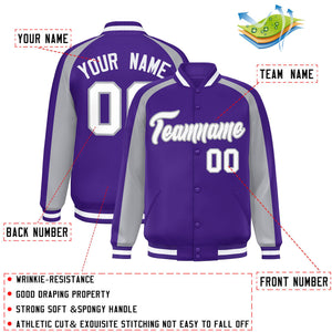 Custom Purple Gray Varsity Full-Snap Color Block Personalized Raglan Sleeves Letterman Jacket