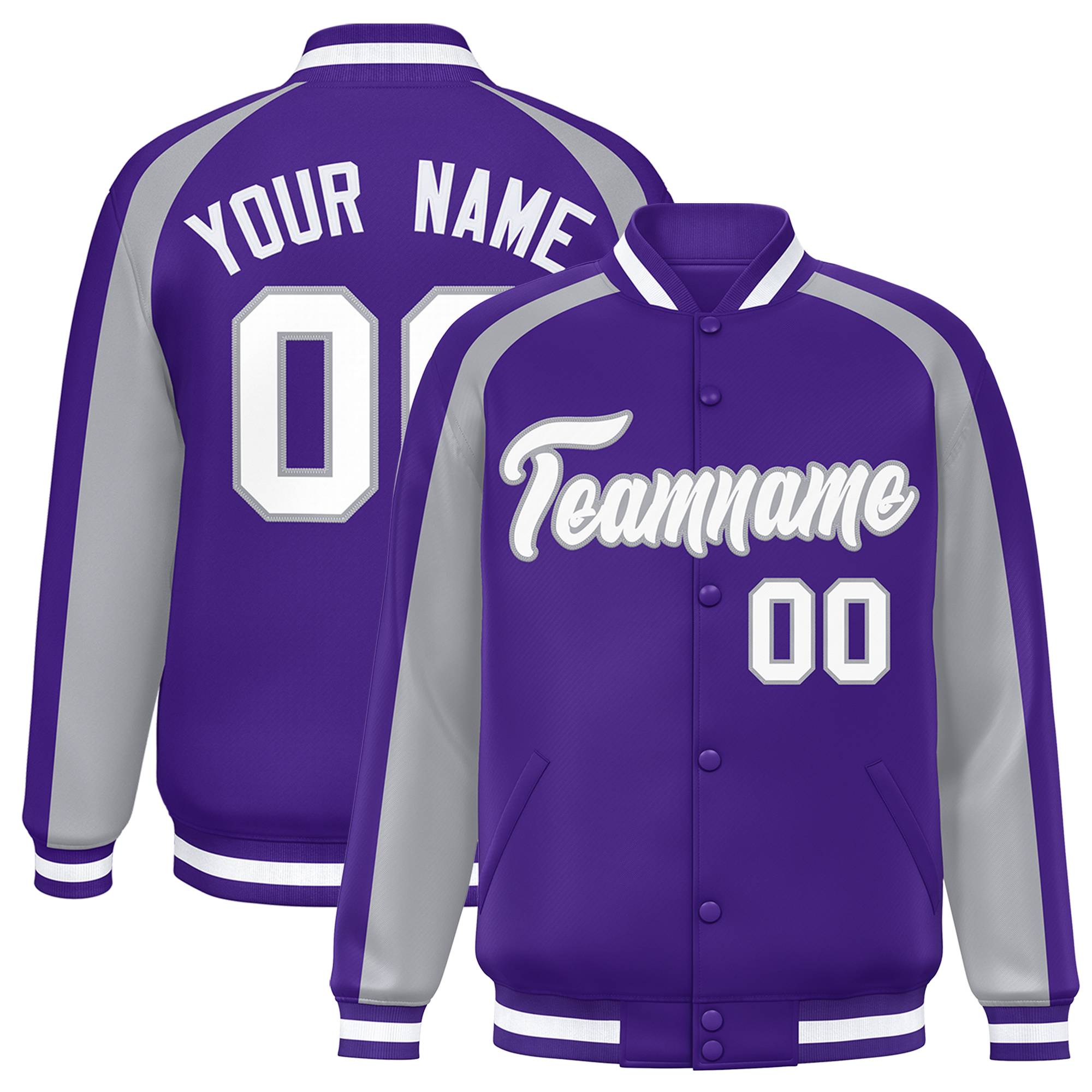 Custom Purple Gray Varsity Full-Snap Color Block Personalized Raglan Sleeves Letterman Jacket