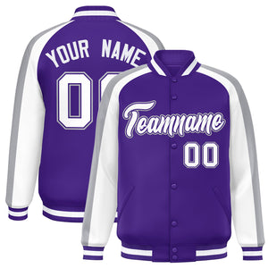 Custom Purple White Varsity Full-Snap Color Block Personalized Raglan Sleeves Letterman Jacket