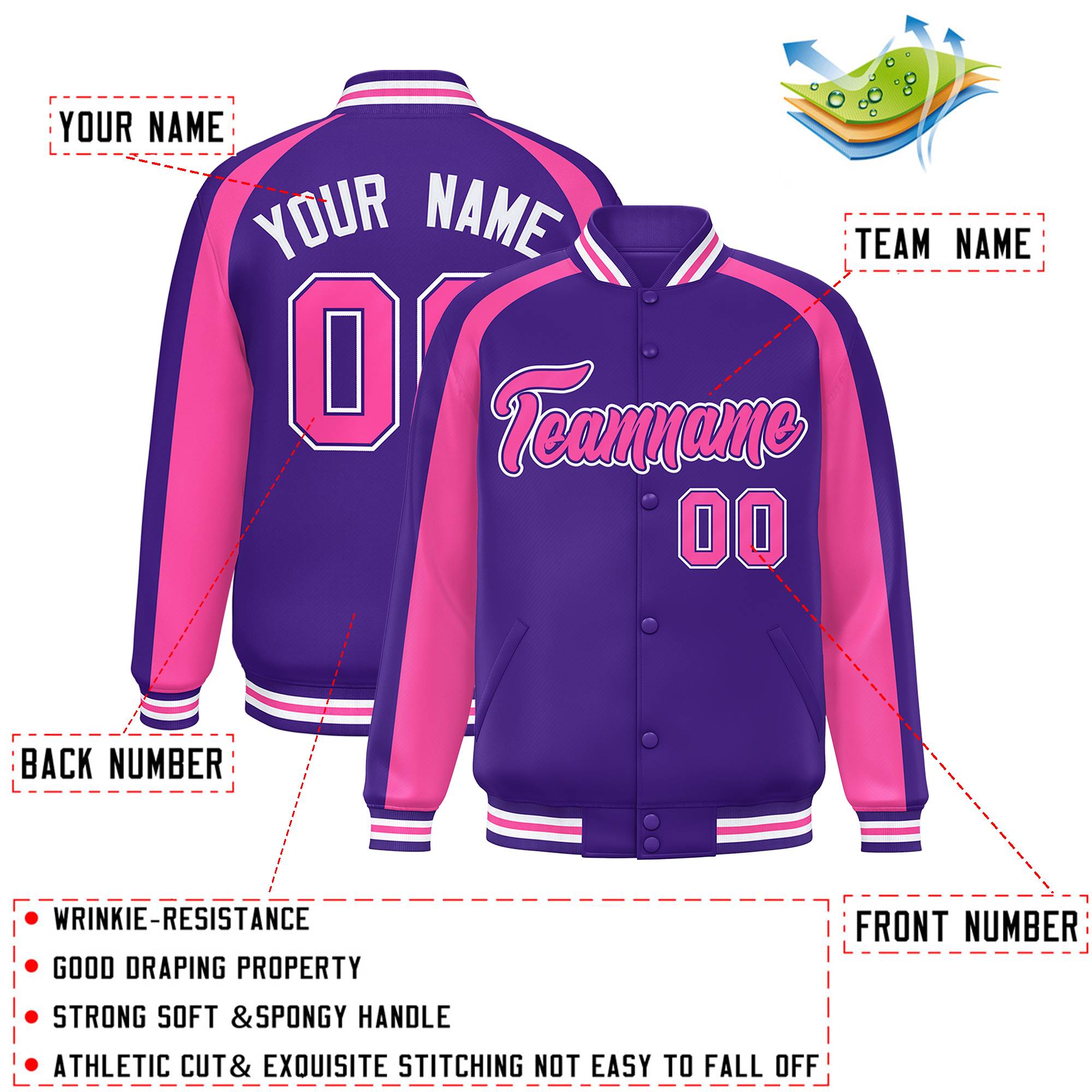 Custom Purple Pink Varsity Full-Snap Color Block Personalized Raglan Sleeves Letterman Jacket