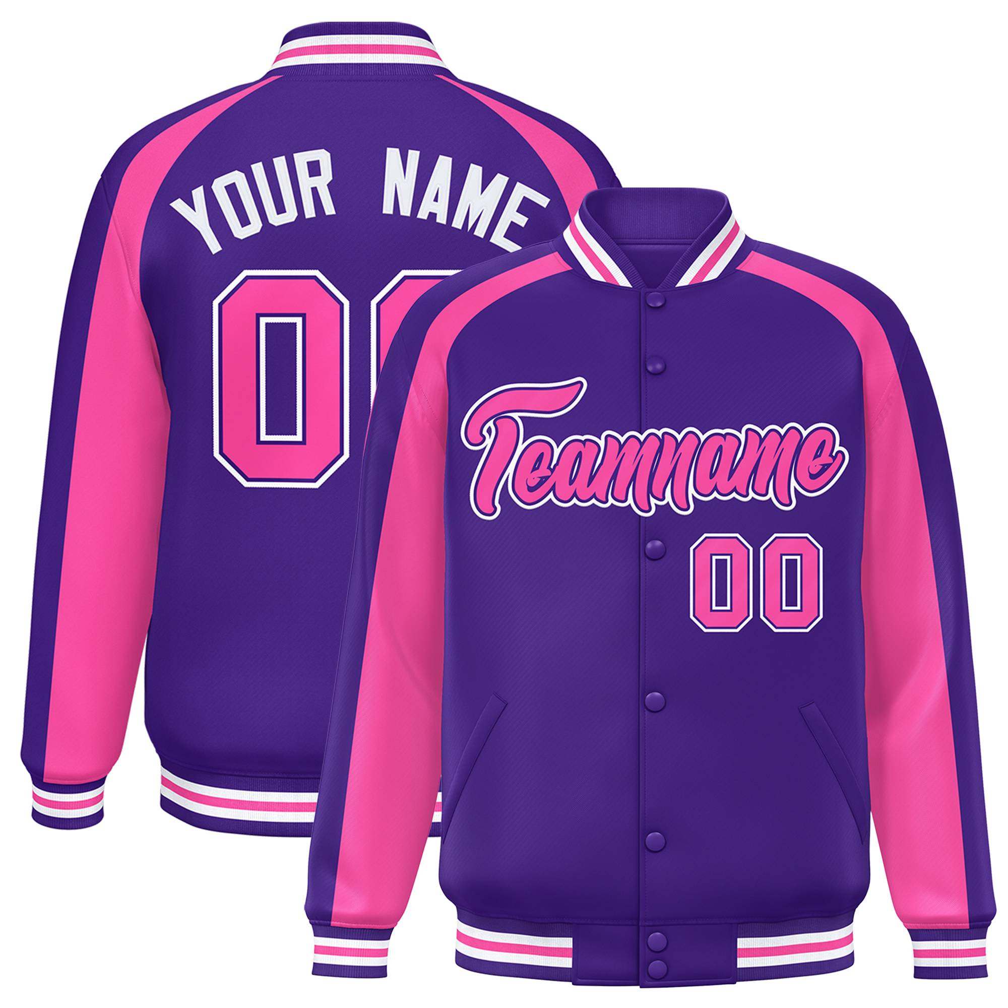 Custom Purple Pink Varsity Full-Snap Color Block Personalized Raglan Sleeves Letterman Jacket