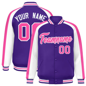 Custom Purple White Varsity Full-Snap Color Block Personalized Raglan Sleeves Letterman Jacket