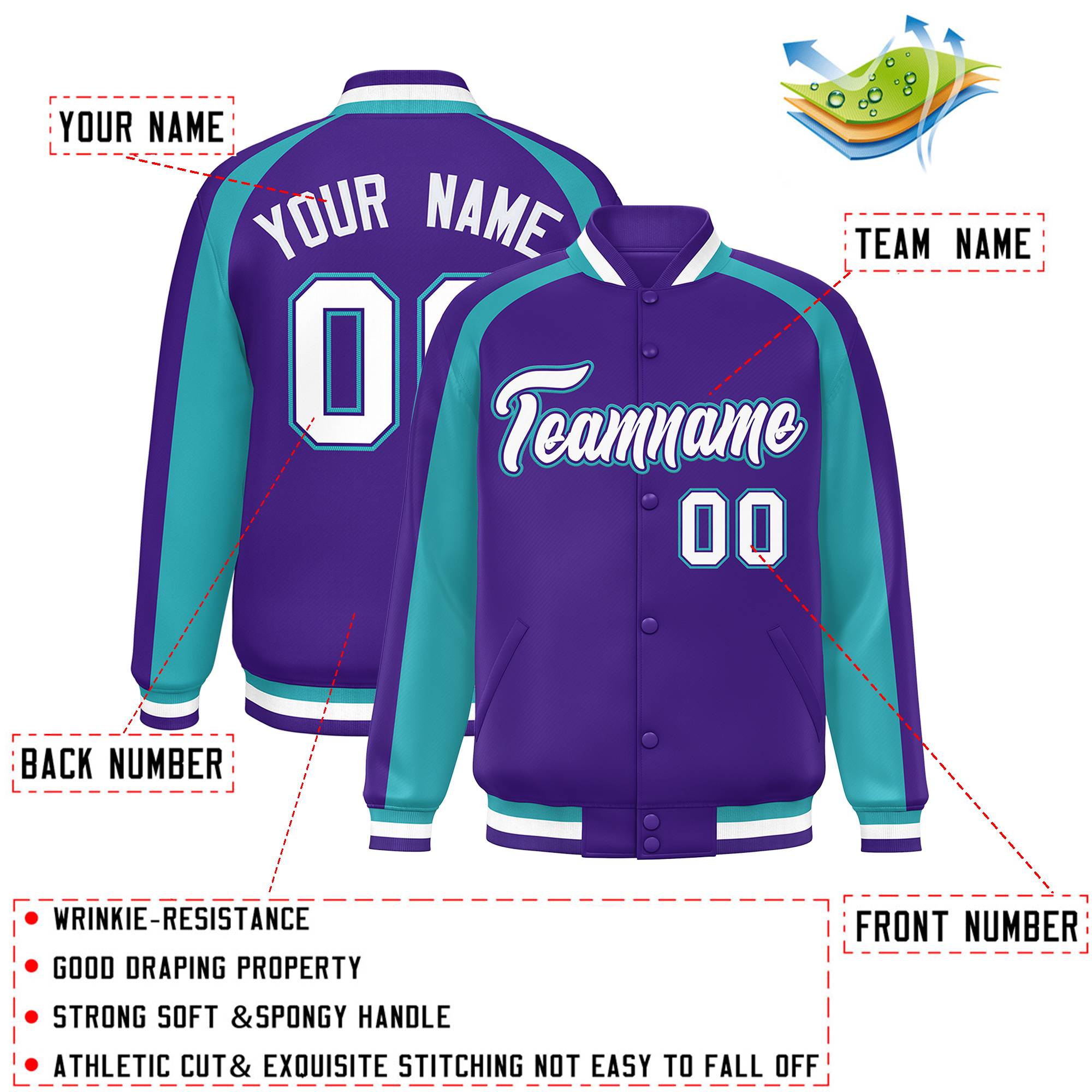 Custom Purple Aqua Varsity Full-Snap Color Block Personalized Raglan Sleeves Letterman Jacket