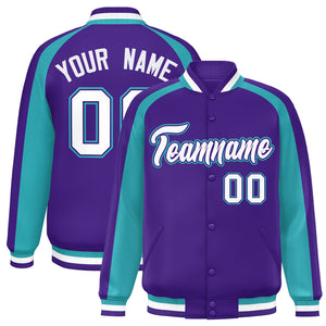 Custom Purple Aqua Varsity Full-Snap Color Block Personalized Raglan Sleeves Letterman Jacket