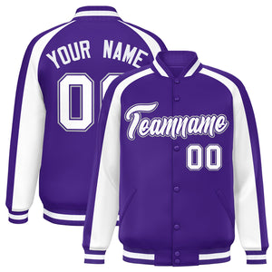 Custom Purple White Varsity Full-Snap Color Block Personalized Raglan Sleeves Letterman Jacket