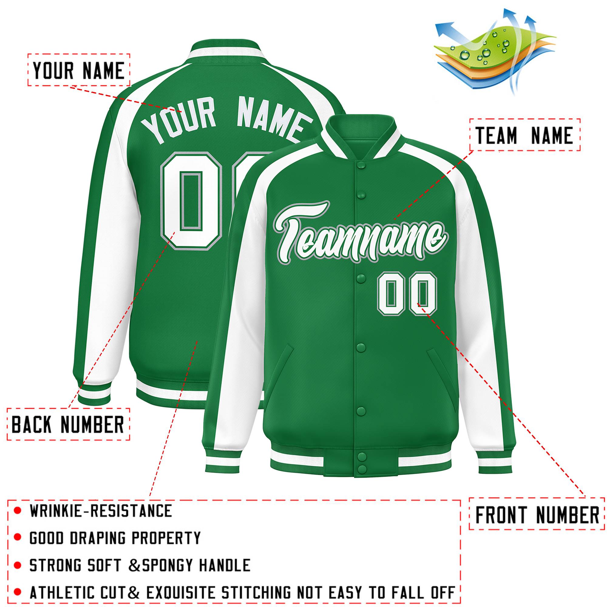 Custom Kelly Green White Varsity Full-Snap Color Block Personalized Raglan Sleeves Letterman Jacket