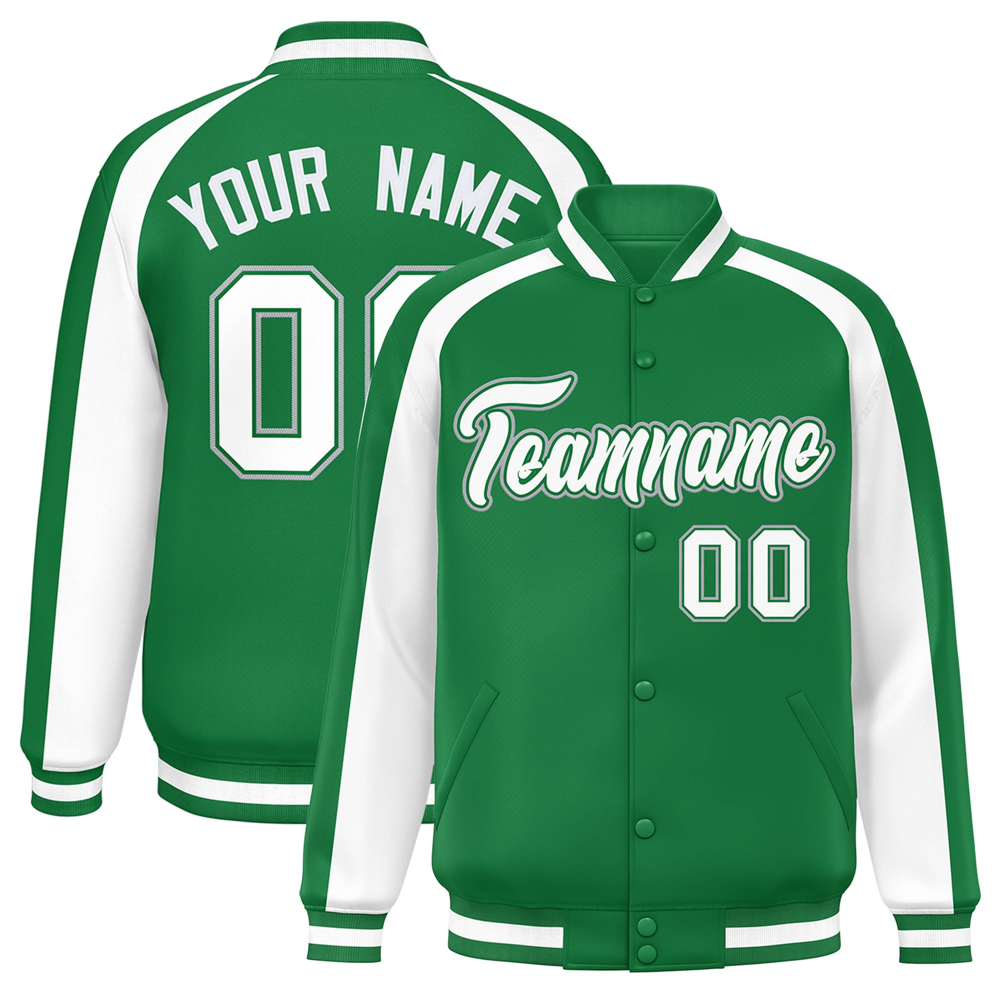 Custom Kelly Green White Varsity Full-Snap Color Block Personalized Raglan Sleeves Letterman Jacket