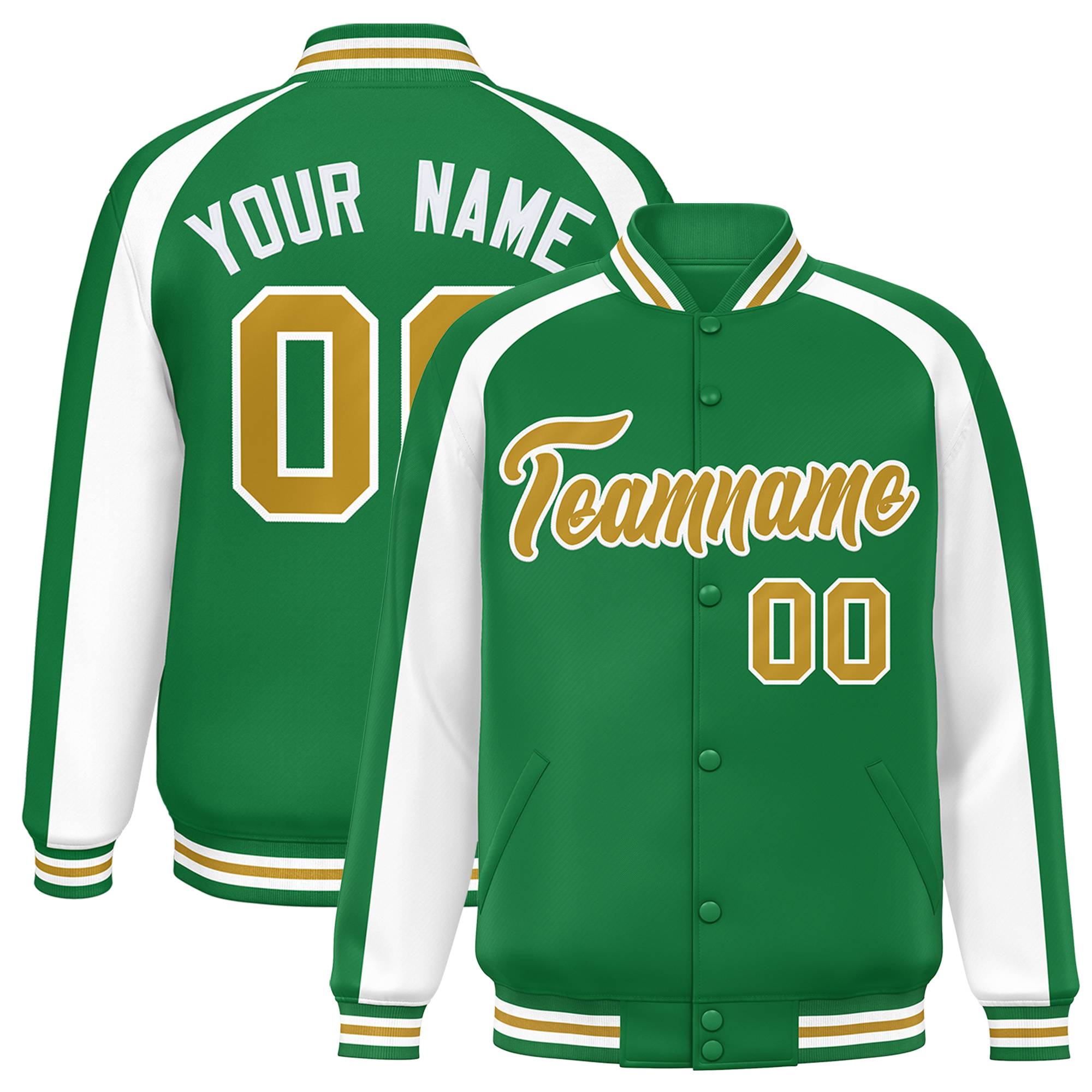 Custom Kelly Green White Varsity Full-Snap Color Block Personalized Raglan Sleeves Letterman Jacket