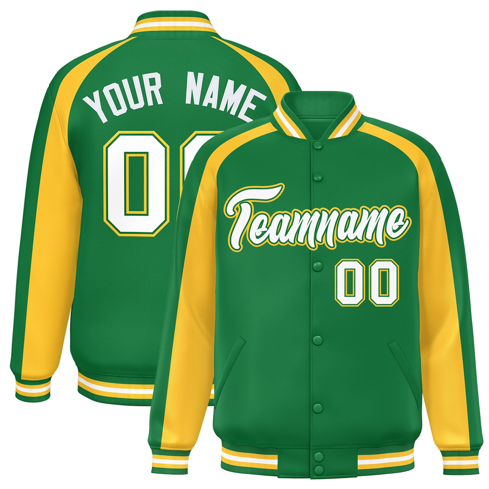 Custom Kelly Green Gold Varsity Full-Snap Color Block Personalized Raglan Sleeves Letterman Jacket