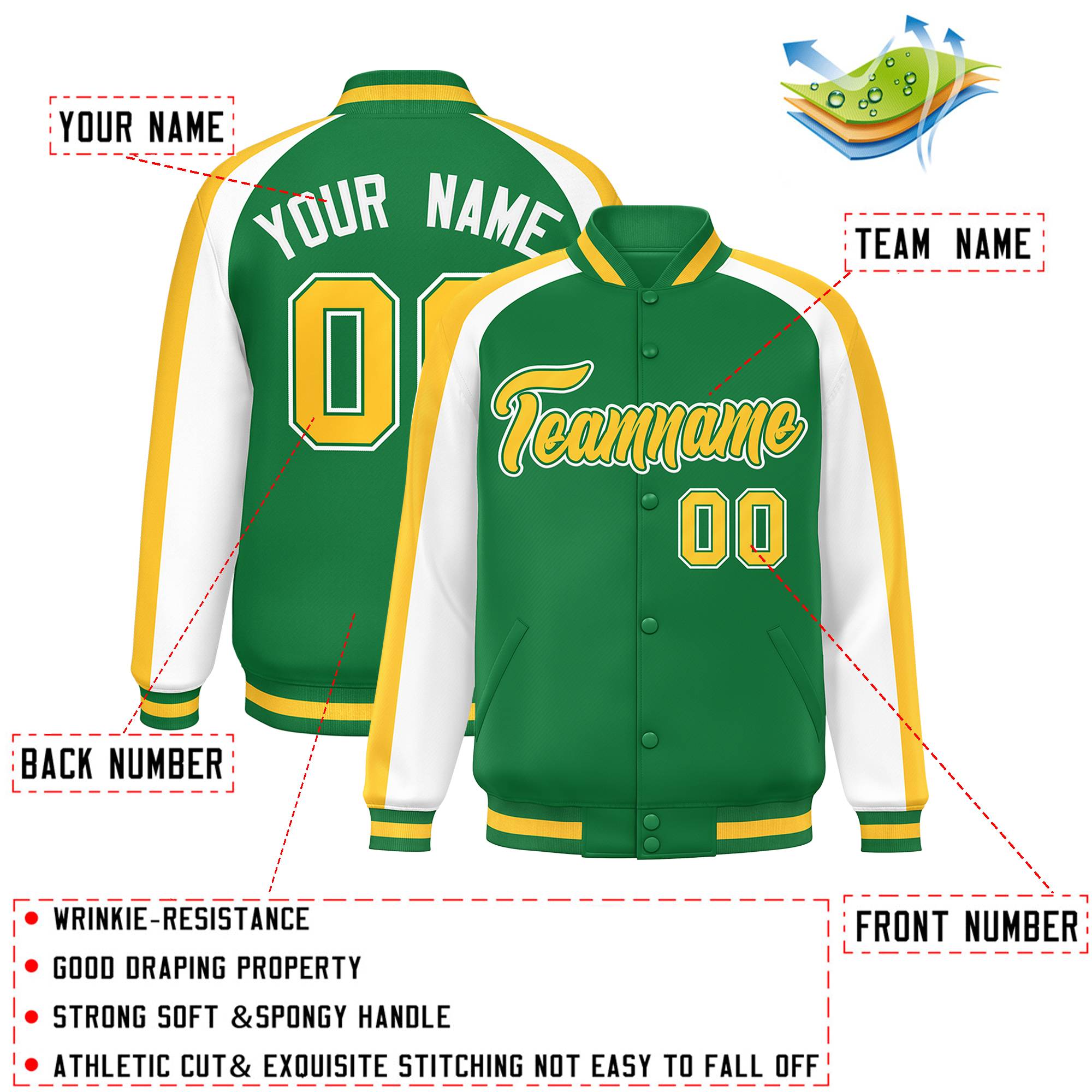 Custom Kelly Green White Varsity Full-Snap Color Block Personalized Raglan Sleeves Letterman Jacket