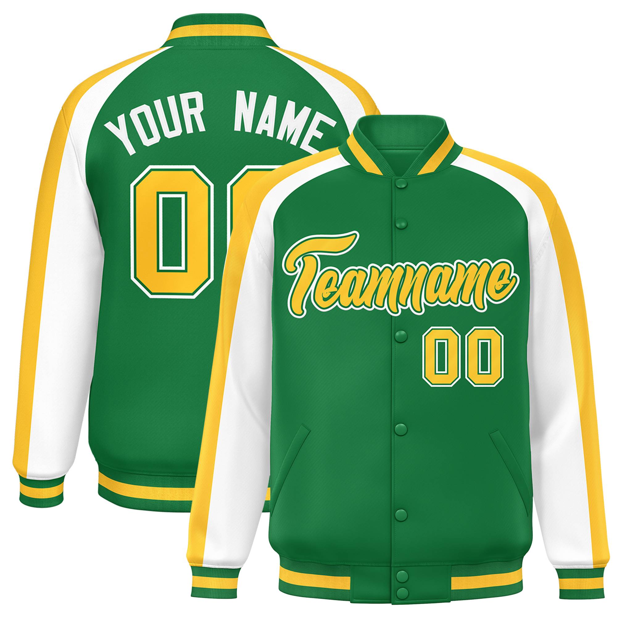 Custom Kelly Green White Varsity Full-Snap Color Block Personalized Raglan Sleeves Letterman Jacket