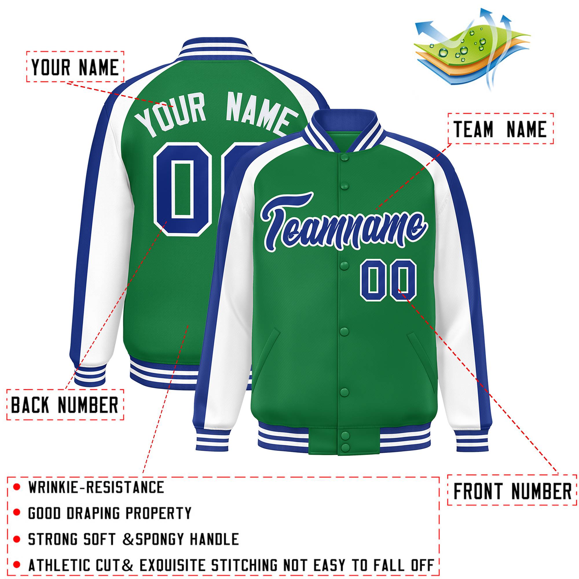 Custom Kelly Green White Varsity Full-Snap Color Block Personalized Raglan Sleeves Letterman Jacket