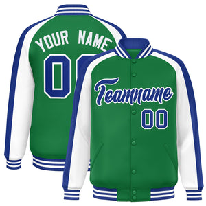 Custom Kelly Green White Varsity Full-Snap Color Block Personalized Raglan Sleeves Letterman Jacket