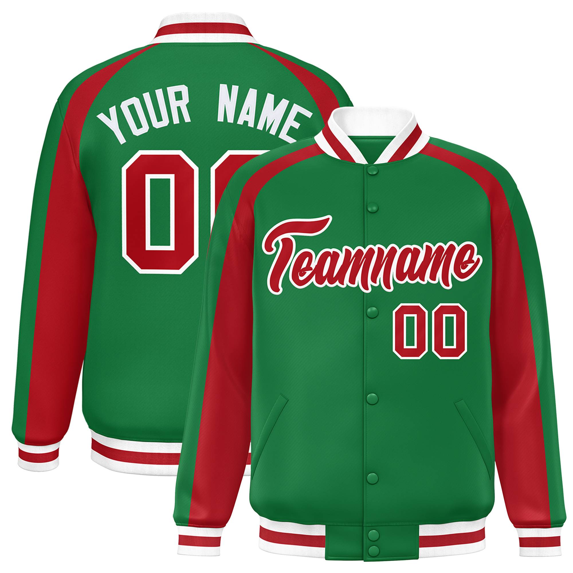 Custom Kelly Green Red Varsity Full-Snap Color Block Personalized Raglan Sleeves Letterman Jacket