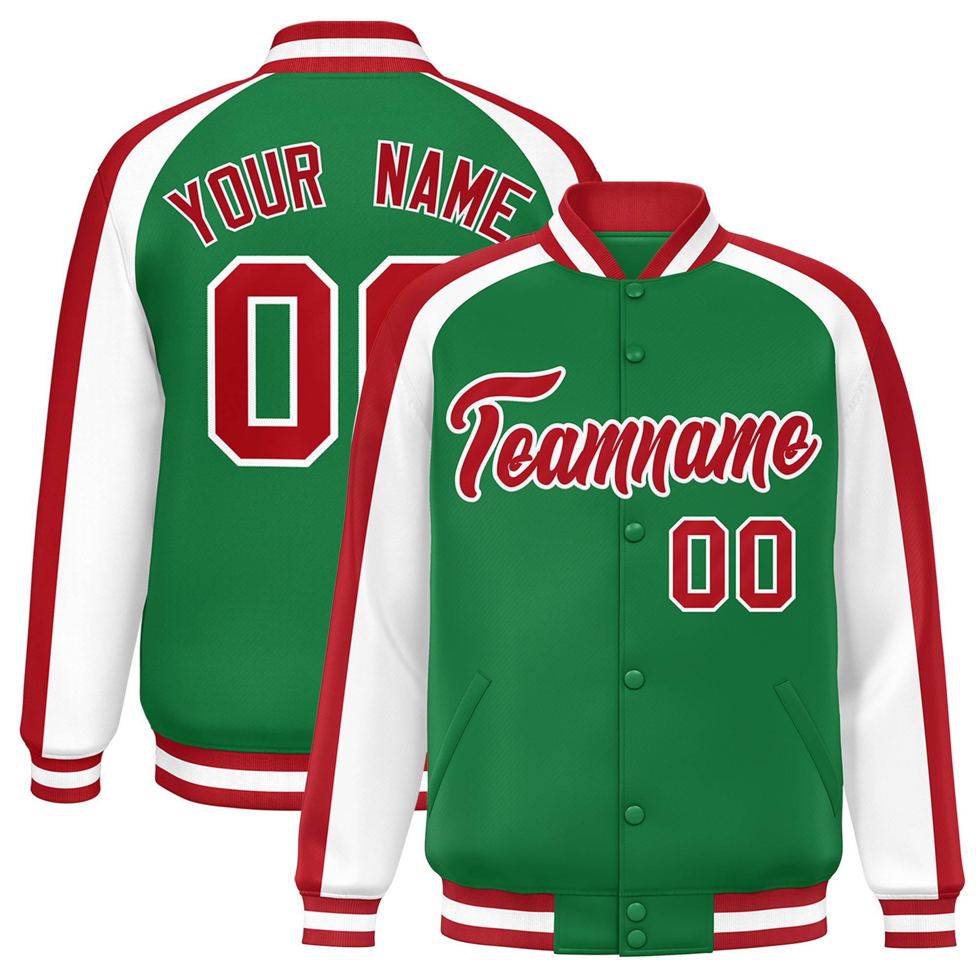 Custom Kelly Green White Varsity Full-Snap Color Block Personalized Raglan Sleeves Letterman Jacket